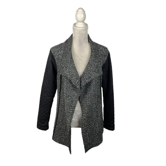 Kikit Sweaters - Kikit Marled Open Front Cardigan Sweater Black White Grey Embossed Sleeve M